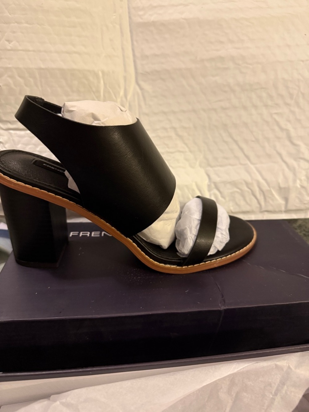 French Connection Black Leather Slide Mules with Stacked Heel